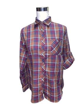 Felice Red Green Blue Plaid Button Down Blouse